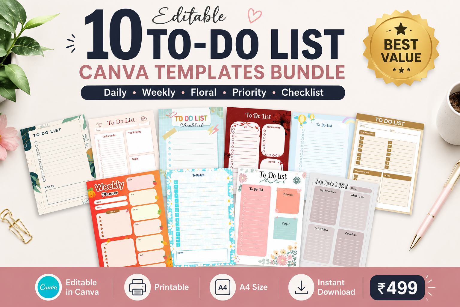 10 Editable To-Do List Canva Templates Bundle | Printable Productivity Planner Pack